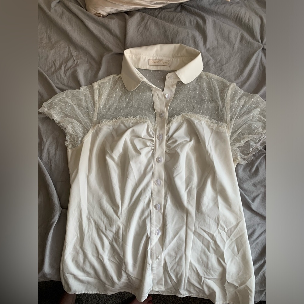 Belle Poque White Button Up Short Sheer Sleeve Blouse Heart Buttons Polka Dots